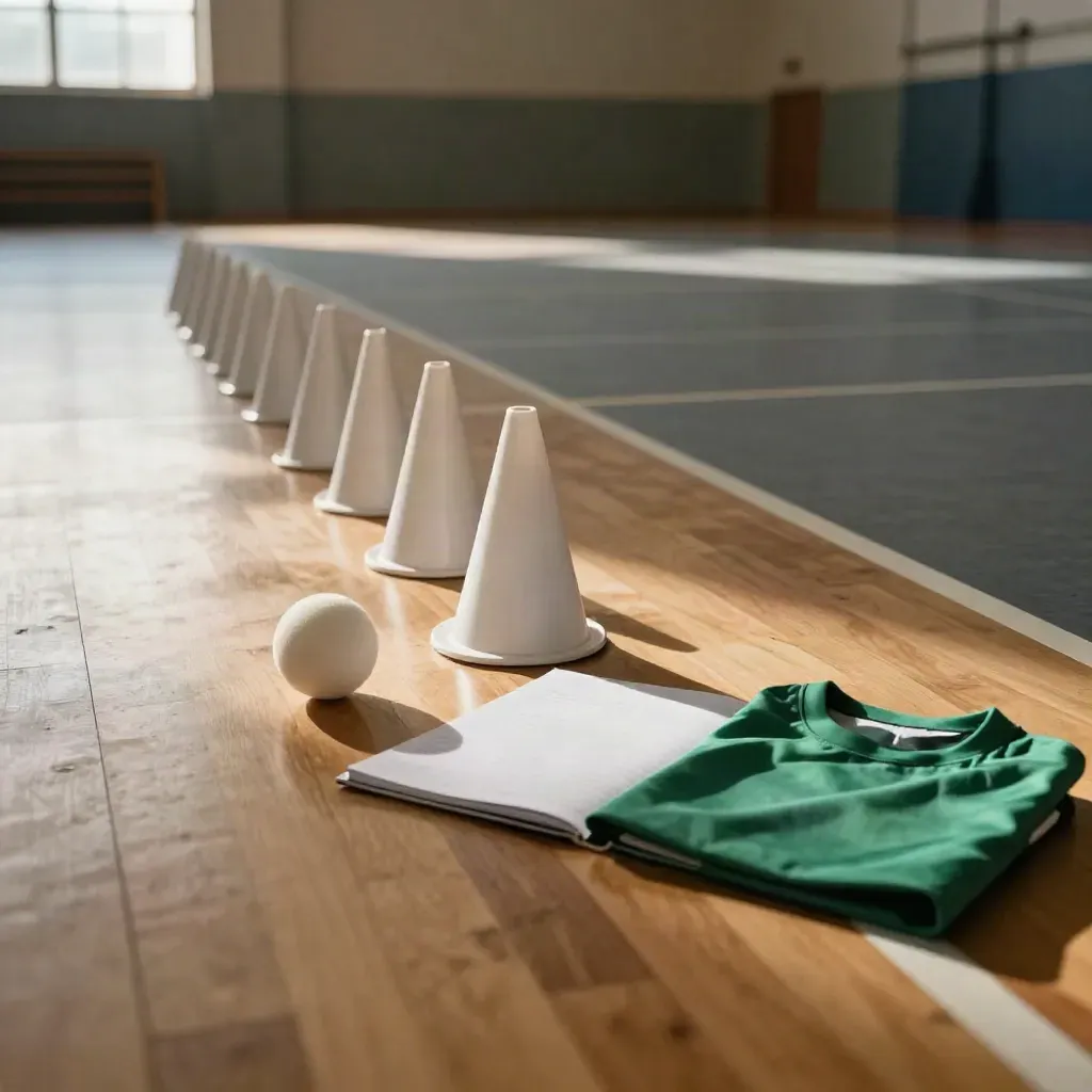 Fair-Play-Workshop-Setzung mit Hütchen, Ball, Mappe und grünem Leibchen in der Halle