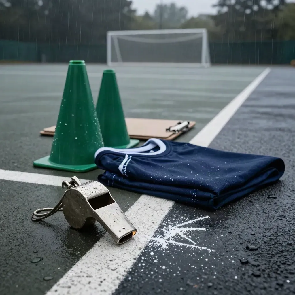 Wetterszene am Spielfeldrand mit Pfeife, Hütchen, Leibchen und Tafel im Regenlicht.