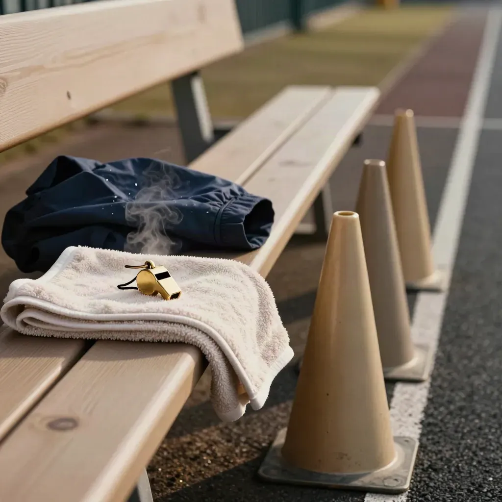 Whistle, Jacke, Handtuch und drei Hütchen an der Seitenlinie im warmen Licht