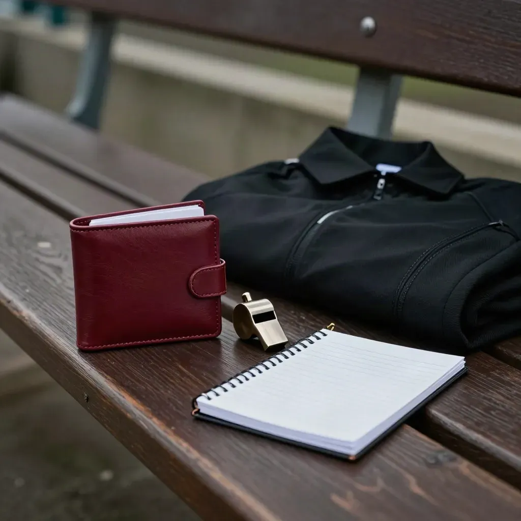 Schiedsrichterbank mit roter Kartenmappe, Pfeife, Jacke und Notizblock nach dem Pfiff.